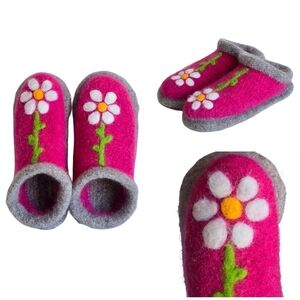 Womens 100% Wool Felt House Slippers Mules Sz 8-8.5 Pink Floral Daisy Warm Comfy